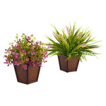 Nearly Natural 6896-S2 Artificial Green & Pink Assorted Grass with Planter, Set of 2