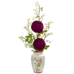 Nearly Natural 1857 39" Mum & Thistle Artificial Arrangement in Floral Vase, Burgundy