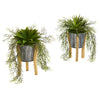 Nearly Natural P1150-S2 11" Artificial Green Agave Succulent Plant in Tin Planter with Legs, Set of 2