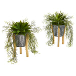 Nearly Natural P1150-S2 11" Artificial Green Agave Succulent Plant in Tin Planter with Legs, Set of 2
