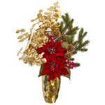 Nearly Natural A1223 24" Artificial Green & Red Poinsettia & Gold Eucalyptus Arrangement in Gold Vase