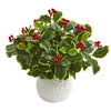 Nearly Natural P1287 16" Artificial Green & Red Real Touch Variegated Holly Plant in White Planter 