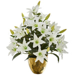 Nearly Natural A1276 21" Artificial Green & White Lily Arrangement in Designer Gold Bowl