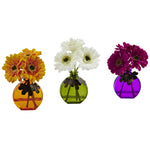 Nearly Natural 4825-S3 9" Artificial Gerber Daisy with Colored Vase, Multicolor, Set of 3