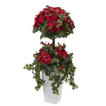 Nearly Natural 5941 4' Artificial Green & Red Poinsettia Berry Topiary with Decorative Planter