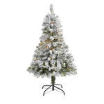 Nearly Natural 4` Flocked White River Mountain Pine Artificial Christmas Tree with Pinecones and 100 Clear LED Lights