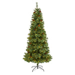 Nearly Natural 7` White Mountain Pine Artificial Christmas Tree with 400 Clear LED Lights and Pine Cones