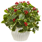 Nearly Natural 8532 15" Artificial Green Real Touch Holly Leaf Plant in White Vase