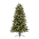 Nearly Natural 5` Flocked Whistler Mountain Fir Artificial Christmas Tree with 250 Warm White LED Lights with Instant Connect Technology, 28 Globe Bulbs, Pine Cones and 480 Bendable Branches