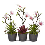 Nearly Natural A1199 16" Artificial Green & Pink Magnolia & Succulent Arrangement in Trio Metal Planter