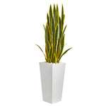 Nearly Natural 9184 4' Artificial Green Sansevieria Plant in White Tower Planter