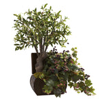 Nearly Natural 6771 32" Artificial Green Olive Tree & Grape Leaf with Chest