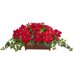 Nearly Natural 1977 20" Artificial Green & Red Poinsettia, Puff Ivy & Holly Berry Arrangement in Planter