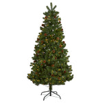 Nearly Natural 6` Rocky Mountain Spruce Artificial Christmas Tree with Pinecones and 250 Clear LED Lights