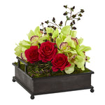 Nearly Natural 1883 13" Artificial Cymbidium Orchid & Roses Arrangement in Metal Tray, Multicolor