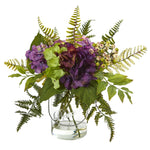 Nearly Natural 4239 14" Artificial Green & Purple Hydrangea & Berry Arrangement in Glass Vase