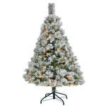 Nearly Natural 4` Flocked Oregon Pine Artificial Christmas Tree with 100 Clear Lights and 215 Bendable Branches
