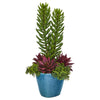 Nearly Natural P1066 19" Artificial Green & Purple Mix Succulent Plant in Blue Planter