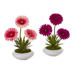 Nearly Natural 12`` Gerber Daisy and Succulent Artificial Arrangement in White Vase (Set of 2)