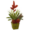 Nearly Natural P1059 24" Artificial Green & Red Succulent & Bromeliad Plant in Green Planter