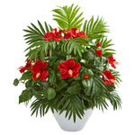 Nearly Natural 8380 27" Artificial Green & Red Hibiscus & Areca Palm Plant in White Bowl