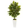 Nearly Natural 6400 4' Artificial Green Variegated Rubber Leaf Plant in White Tower Vase