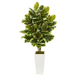 Nearly Natural 6400 4' Artificial Green Variegated Rubber Leaf Plant in White Tower Vase
