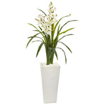 Nearly Natural 9481 50" Artificial Green & White Cymbidium Orchid Plant in White Tower Planter