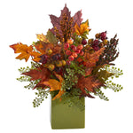 Nearly Natural 17`` Maple Leaf, Berries and Maiden Hair Artificial Arrangement in Green Vase