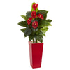 Nearly Natural 6424 53" Artificial Green & Red Real Touch Anthurium Plant in Red Tower Vase