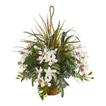 Nearly Natural 8382 29" Artificial Green & White Cymbidium Orchid & Mixed Greens Plant in Hanging Basket