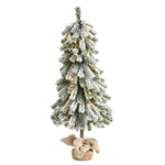 Nearly Natural 3` Flocked Alpine Christmas Artificial Tree with 50 Lights, 177 Bendable Branches and a Burlap Planter