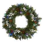 Nearly Natural 24`` Snow Tipped Artificial Christmas Wreath with 50 Multicolored LED Lights, White Berries and Pine Cones