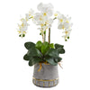 Nearly Natural A1338 24" Artificial Green & White Triple Phalaenopsis Orchid Arrangement in Stoneware Vase with Gold Trimming