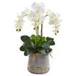 Nearly Natural A1338 24" Artificial Green & White Triple Phalaenopsis Orchid Arrangement in Stoneware Vase with Gold Trimming