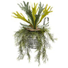 Nearly Natural 8949 14"Artificial Green Staghorn & Tillandsia Plant in Vintage Hanging Metal Pail