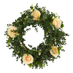 Nearly Natural 18`` Eucalyptus and Camellia Double Ring Artificial Wreath with Twig Base