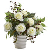 Nearly Natural 14`` Rose and Mixed Greens Artificial Arrangement in White Vase