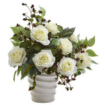 Nearly Natural 14`` Rose and Mixed Greens Artificial Arrangement in White Vase