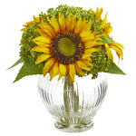 Nearly Natural 1900 Sunflower Artificial Silk Arrangement in Ribbed Glass Vase