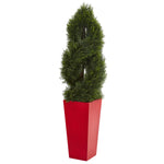 Nearly Natural 5617 4.5' Artificial Green Double Pond Cypress Spiral Tree in Red Planter, UV Resistant (Indoor/Outdoor)