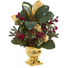 Nearly Natural 1556 20" Artificial Magnolia Leaf & Holly Berry Arrangement in Gold Plant Urn, Green