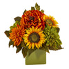 Nearly Natural 12``Peony, Dahlia and Sunflower Artificial Arrangement in Green Vase