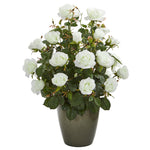 Nearly Natural 8762 26" Artificial Green & White Garden Rose Plant in Green Planter