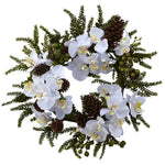 Nearly Natural 4945 22" Artificial Green & White Phalaenopsis & Pine Wreath