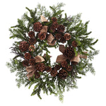 Nearly Natural 4888 24" Artificial Green & Brown Pine & Pine Cone Wreath with Burlap Bows