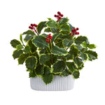 Nearly Natural 13``Variegated Holly Leaf Artificial Plant in White Planter (Real Touch)