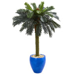 Nearly Natural 5622 4' Artificial Green Sago Palm Tree in Glazed Blue Planter