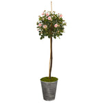 Nearly Natural 9973 55" Artificial Green & Pink Rose Topiary Tree in Planter with Black Pattern