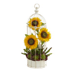 Nearly Natural A1322 24" Artificial Yellow Sunflower, Cactus & Echeveria Arrangement in Decorative Cage